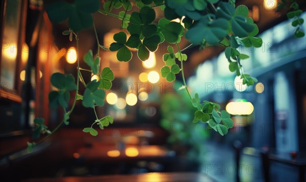 St. Patrick's Day. Golden clover on the background of night street. AI generated