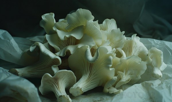 Oyster mushrooms on a marble table. Selective focus AI generated
