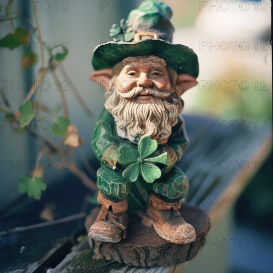 Saint patrick's day decoration with old gnome on bench. AI generated