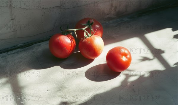 Tomatoes on a branch on a light background. Selective focus. AI generated
