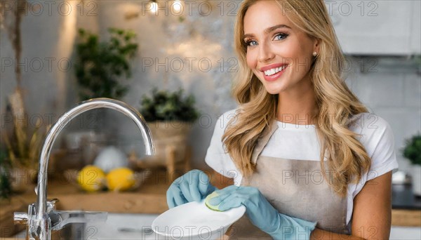 AI generated, woman, woman, 30, 35, blonde, blond, blonde, kitchen, sink, kitchen table, dishes, washing up, washing dishes, plates, cups, glasses, dishcloth, gloves, cleaning, water, polishing cloth, polishing, clean, cleanliness, housewife, mother, family