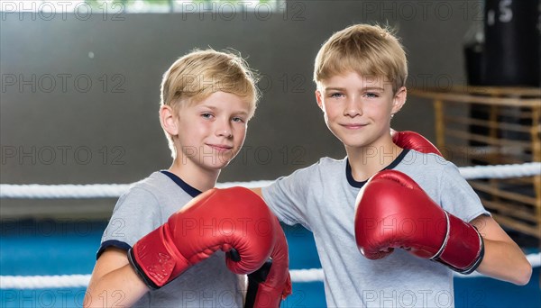AI generated, boy, boys, 8, 10, years, Thai, sport, boxing, gloves, Thai boxing, Muay Thai, two people, portrait, athletic, fight, fighting, popular sport, Thai boxer, boxing, boxing ring, European