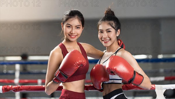 AI generated, woman, woman, 35, years, thai, thai, sport, boxing, gloves, thai boxing, muay thai, two people, portrait, athletic, fight, fighting, popular sport, thai boxer, boxing, boxing ring, thai woman