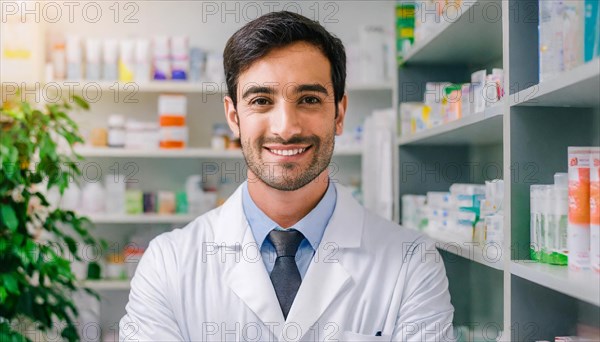 AI generated, A young pharmacist in his pharmacy, portrait, 30, 35, years, man, men, male, bearded, beautiful teeth, smiling, profession, professions, medicines in the background, a person