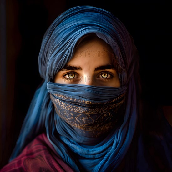 Young Muslim woman with expressive eyes and wearing a traditional blue headscarf called a hijab, AI generated, AI generated