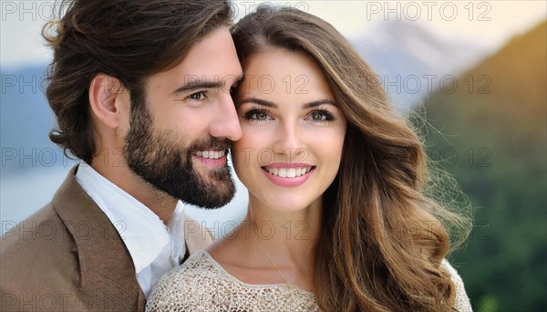 AI generated, human, people, man, men, bearded, dark-haired, woman, blond, blonde, brunette, woman, couple in love, love, affection, tenderness, family, Italian, German, 35, 40, years, German woman, attractive, attractive, two people, portrait, beautiful eyes, beautiful teeth, smile