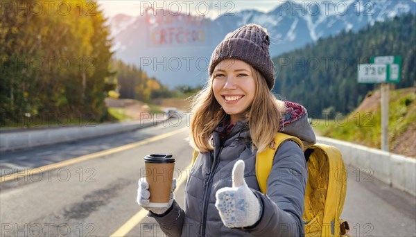 AI generated, human, humans, person, persons, woman, woman, one person, 20, 25, years, outdoor, seasons, cap, bobble hat, gloves, winter jacket, cold, cold, backpack, woman wants to travel, hitchhiking, hitchhiking, hitchhiking, road, motorway, coffee to go in hand, coffee, drink