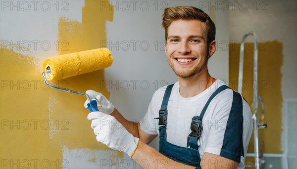 AI generated, man, men, a painter paints a wall with new yellow paint, father, renovation of old flat, paint roller, ladder, yellow, paint, 25, 30, years, a, person, occupation, occupations, leisure activity, family, smiles, smiling, fun at work, laughing, laughing, laughing, friend, partner, man