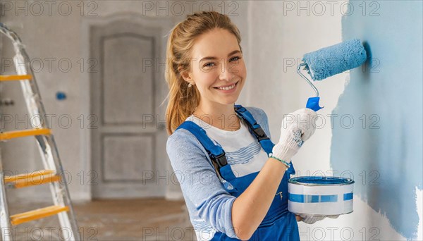 AI generated, woman, woman, a young girl paints a wall with new paint, blue, light blue, blue, light blue, renovation of old flat, paint roller, ladder, paint, 20, 25, years, a, a person, daughter, student, pastime, family, girl, smiles, smiling, fun at work, laughing, laughing, laughing, dungarees, jeans