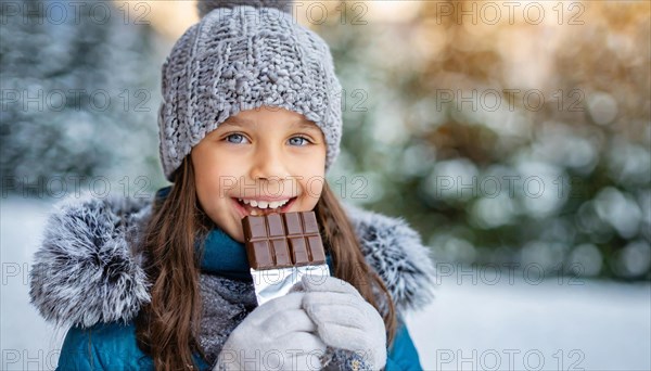KI generated, Young girl, 10, years, eating a bar of chocolate, one person, outdoor shot, ice, snow, winter, seasons, eating, eating, hat, bobble hat, gloves, winter jacket, cold, coldness