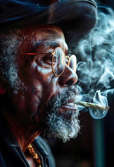 Symbolic image for the release of marijuana, an older black man with a grey beard, brass glasses and hat smokes a joint, AI generated, AI generated