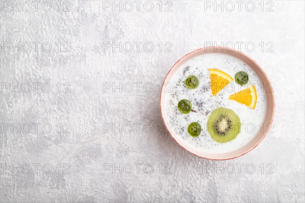 Yogurt with kiwi, gooseberry, chia in ceramic bowl on gray concrete background. top view, flat lay, copy space