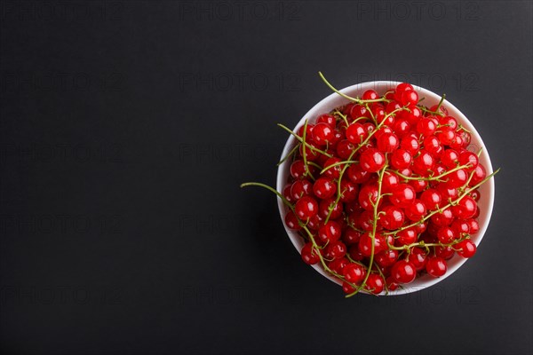 Fresh red currant in white bowl on black background. top view, flat lay, copy space