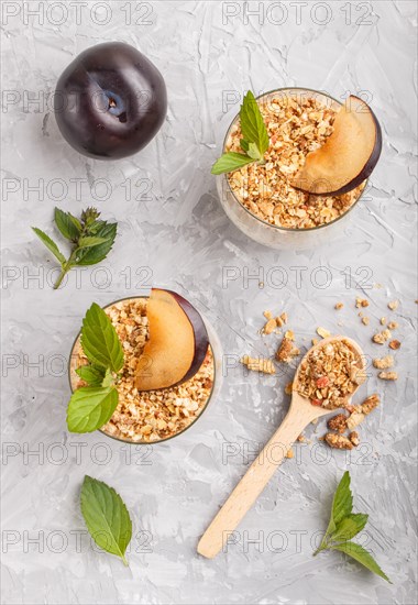 Yoghurt with plum, chia seeds and granola in a glass and wooden spoon on gray concrete background. top view, flat lay, close up