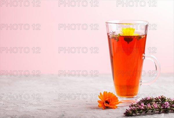 Glass of herbal tea with calendula and hyssop on a gray and pink background. Morninig, spring, healthy drink concept. Side view, selective focus, copy space