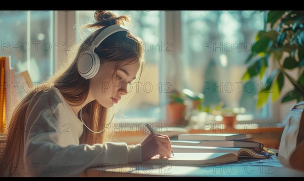 Teenage girl with headphones concentrating on reading a book at a desk in warm lighting AI generated