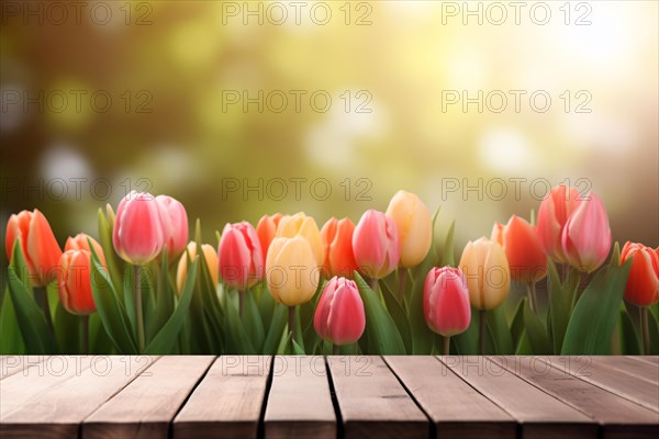Wooden empty table with blurry yellow, red and pink tulip spring flowers in background. KI generiert, generiert AI generated