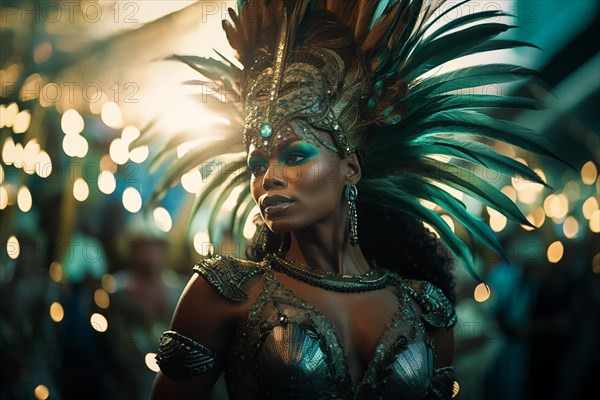 Captivating image capturing the essence of the Rio Carnival, showcasing a dancer adorned in an elaborate, vibrant costume, embodying the spirit and energy of this iconic festival, AI generated