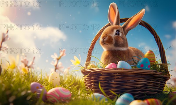 Cute Easter bunny sits beside a basket filled with colorful, decorated eggs amidst a vibrant green field under the bright, sunny sky. The festive spirit of Easter and the joy of nature, AI generated