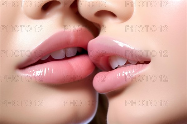 Close up of two women's lips with gloss kissing. KI generiert, generiert AI generated