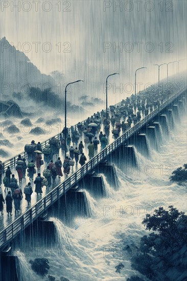 Moody image of huge group of commuters people with umbrellas braving a storm while crossing a bridge over wavy waters, AI generated