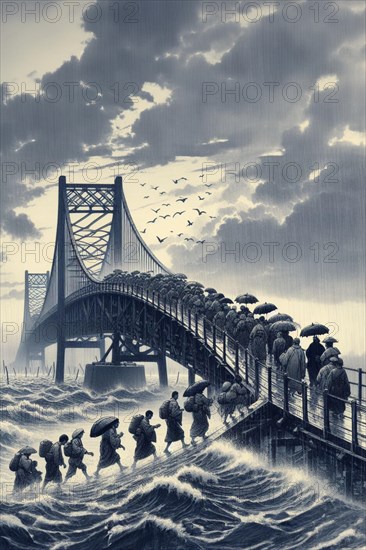 People clutching umbrellas march on a bridge amidst a stormy seascape with birds overhead, AI generated