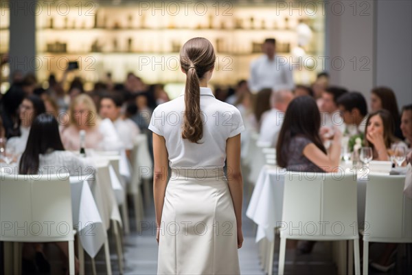 Back view of female waitress in fancy restaurant full of guests at tables. KI generiert, generiert AI generated