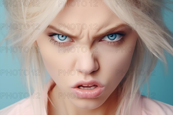 Close up of face of very angry woman with blond hair and blue eyes. KI generiert, generiert AI generated
