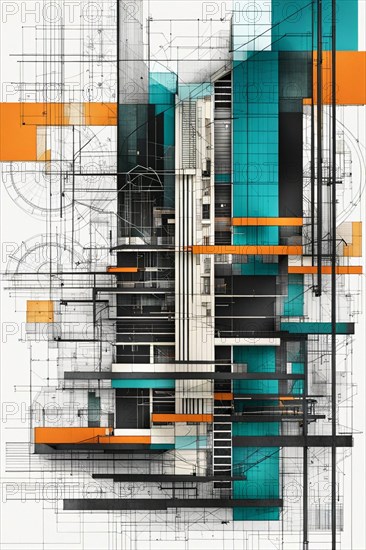 Abstract geometric artwork with overlapping architectural elements in teal and orange, vertical aspect ratio, off white background color AI generated