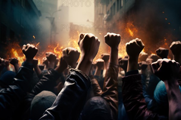 Back view of raised fists in violent riot with burning city in background. KI generiert, generiert AI generated