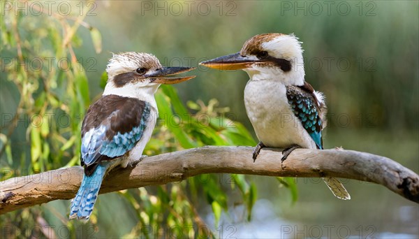 KI generated, animal, animals, bird, birds, biotope, habitat, perch, Laughing Hans, kookaburra, blue-winged kookaburra (Dacelo leachii), two animals, pair