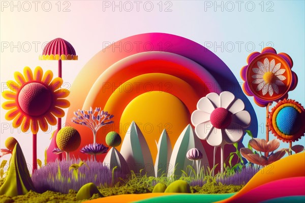 Surreal 3D illustrated abstract garden with rainbow and stylized flowers, Spring garden background illustration, generated ai, AI generated