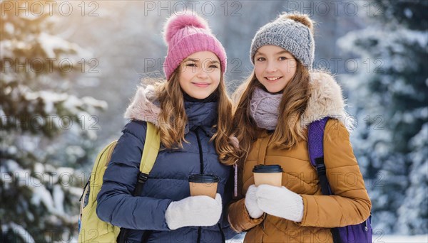 AI generates, human, humans, person, persons, child, children, girl, two, 15, years, outdoor, ice, snow, winter, seasons, drinks, drinking, coffee to go, coffee, cup, paper cup, hot drink, cap, bobble hat, gloves, winter jacket, cold, coldness