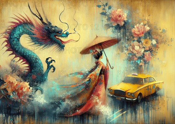 Vintage taxi beside a woman wearing traditional niponic kimono long dress, with umbrella facing a dragon, amidst urban floral elements, japanese themed shunga style based, AI Generated, AI generated