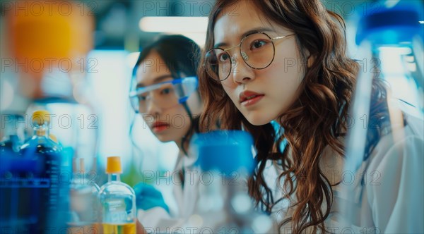 Lab technician with safety goggles working alongside a colleague, ai generated, AI generated