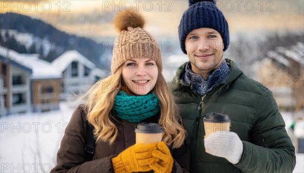 AI generated, human, humans, person, persons, man, woman, woman, 25, 30, years, couple, two persons, outdoor shot, ice, snow, winter, seasons, drinks, drinking, coffee to go, coffee, coffee mug, cap, bobble hat, gloves, winter jacket, cold, coldness