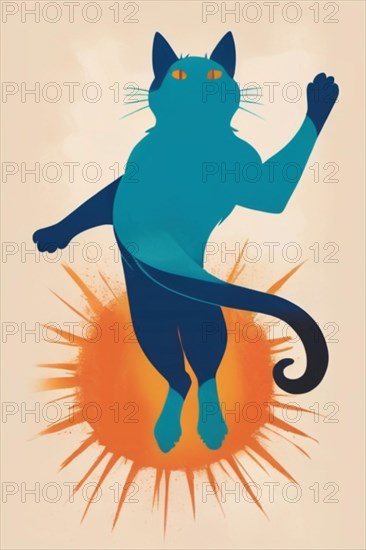 Art piece with a cat jumping in front of a bold sun with striking orange and blue, minimalist vintage design muted faded, bright background, AI Generated, AI generated