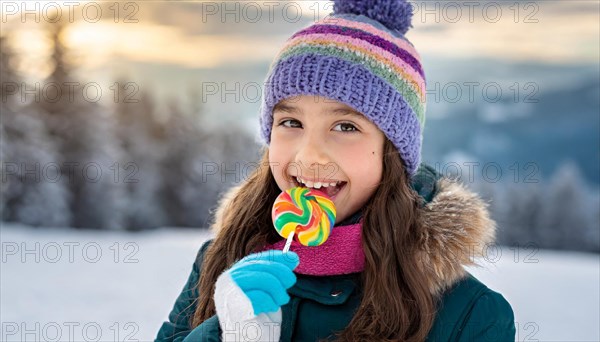 AI generated, Two little girls are happy about a lolly, lollipop, lollipop, human, people, person, persons, child, children, 10, years, two, outdoor, ice, snow, winter, seasons, eats, eating, hat, bobble hat, gloves, winter jacket, cold, coldness