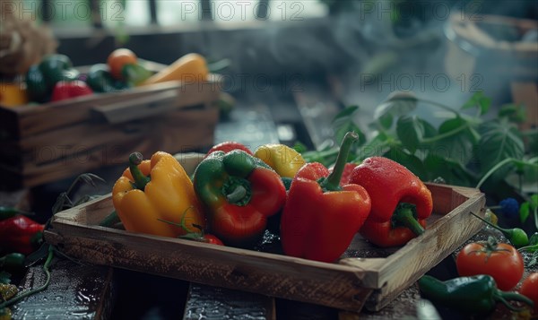 Red, yellow and green bell peppers in a wooden box on a wooden table AI generated