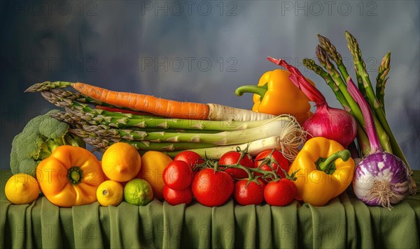 A lot of fresh vegetables on a gray background, close-up. AI generated