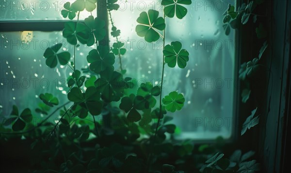 Green clover leaves in front of a window with raindrops. AI generated
