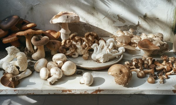 Mushrooms in the kitchen on the table. The concept of a healthy lifestyle. AI generated