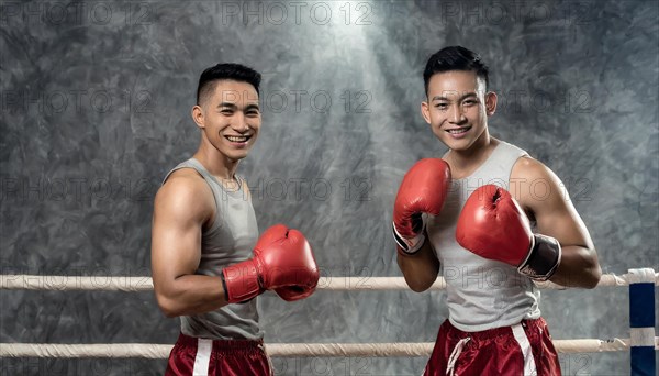 AI generated, man, men, 35, years, Thai, Thai, sport, boxing, gloves, Thai boxing, Muay Thai, two people, portrait, athletic, fight, fight, popular sport, Thai boxer, boxing, boxing ring
