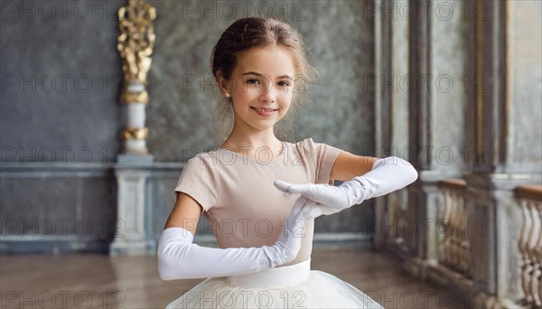 AI generated, girl, 10, 12, years, brunette, dancing, dancing, ballet, study, exercise, classical, classical dance, ballet dance, stage dance, fitness, fitness alternative, body, emphasised, figure, figures, classical music, hall, theatre, castle, system of dance steps, strength, agility, accuracy, body control, coordination, ballet suit, leotard, white gloves