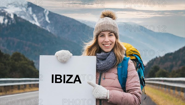 AI generated, human, humans, person, persons, woman, woman, one person, 20, 25, years, outdoor, seasons, cap, bobble hat, gloves, winter jacket, cold, cold, backpack, woman wants to travel, hitchhiking, hitchhiking, hitchhiking, road, motorway, sign saying Ibiza
