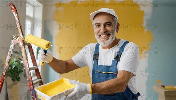 AI generated, man, men, a painter paints a wall with new yellow paint, father, renovation of old flat, paint roller, ladder, yellow, paint, 65, years, a, person, occupation, occupations, pastime, family, senior, seniors, smiling, smiling, fun at work, laughing, laughing, laughing