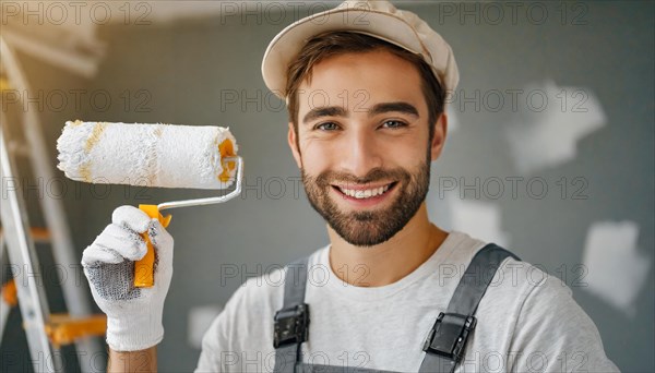 AI generated, man, men, a painter paints a wall with new white paint, father, renovation of old flat, paint roller, ladder, white, white paint, 25, 30, years, a, person, occupation, occupations, leisure activity, family, smiles, smiling, fun at work, laughing, laughing, laughing, friend, partner, man