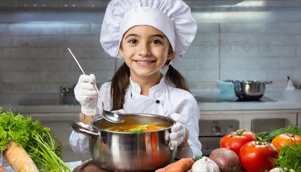 AI generated, human, humans, person, persons, child, children, 8 year old girl cooking a vegetable soup in a white kitchen, chef's hat, smock, cute, cute, cute, beautiful eyes, beautiful teeth, cook, cook, kitchen table, vegetables, onions, garlic