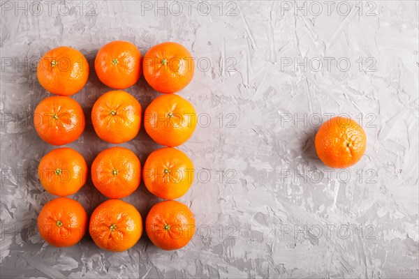Rows of tangerines forming a rectangle and one tangerine on a gray concrete background, top view, flat lay
