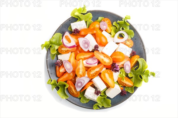 Vegetarian salad with fresh grape tomatoes, feta cheese, lettuce and onion on blue ceramic plate isolated on white background, top view, close up, flat lay